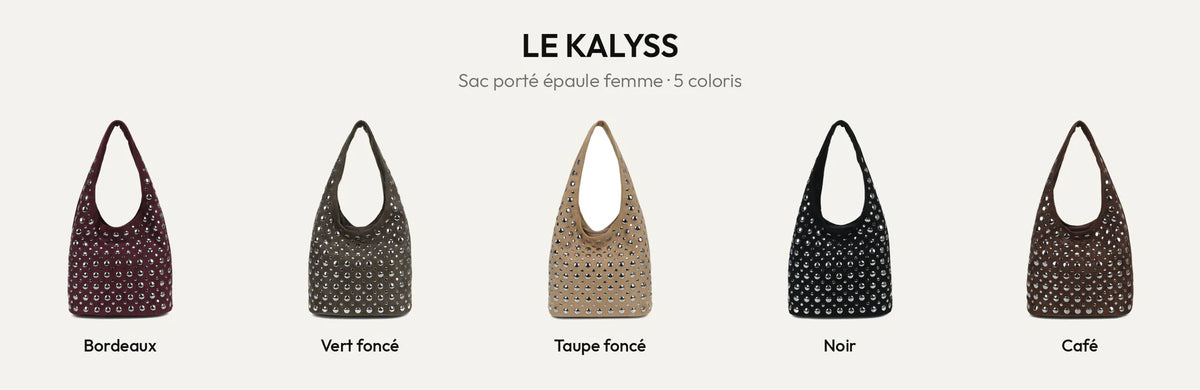 Le Kalyss, sac porté épaule clouté femme en 5 coloris : Bordeaux, Vert Foncé, D.TAUPE, Noir et Coffee – Gallantry Paris – réf. R-2083