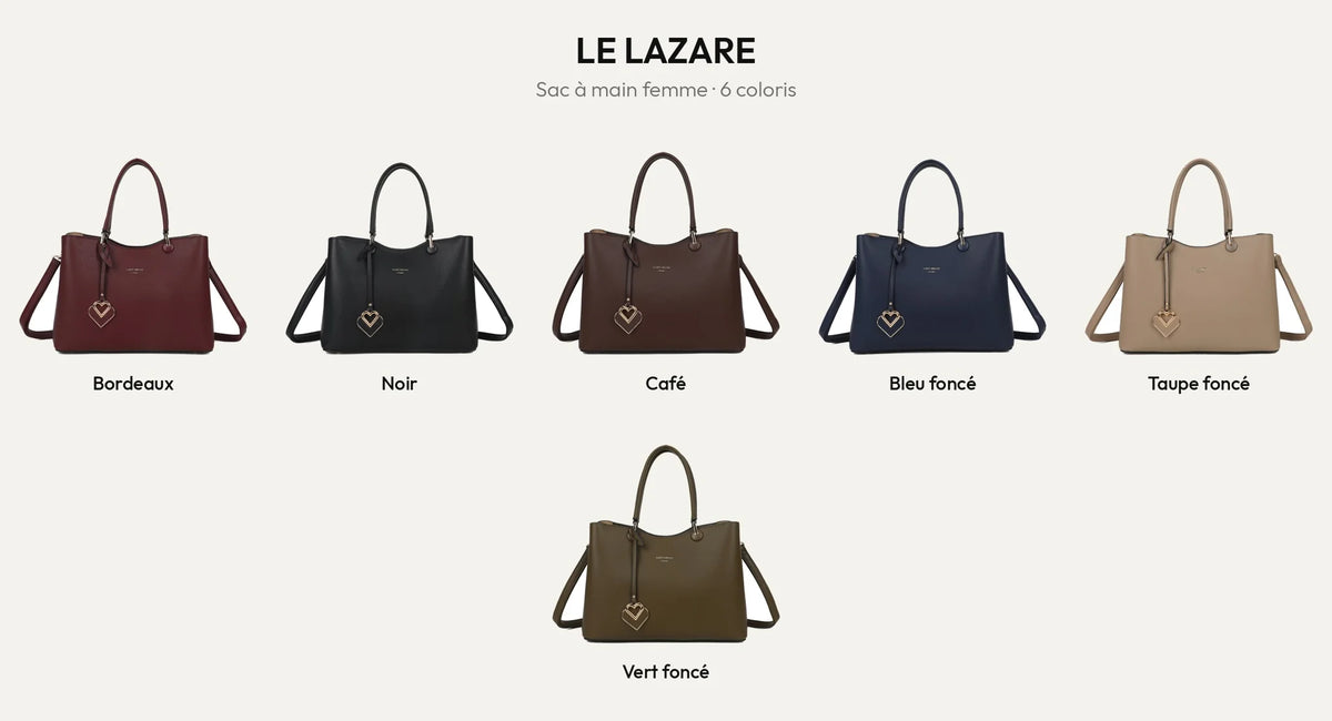 Le sac à main Le Lazare dans ses 6 coloris : Bordeaux, Noir, Coffee, Bleu Foncé, D.TAUPE et Vert Foncé – Gallantry Paris – réf. G-7510