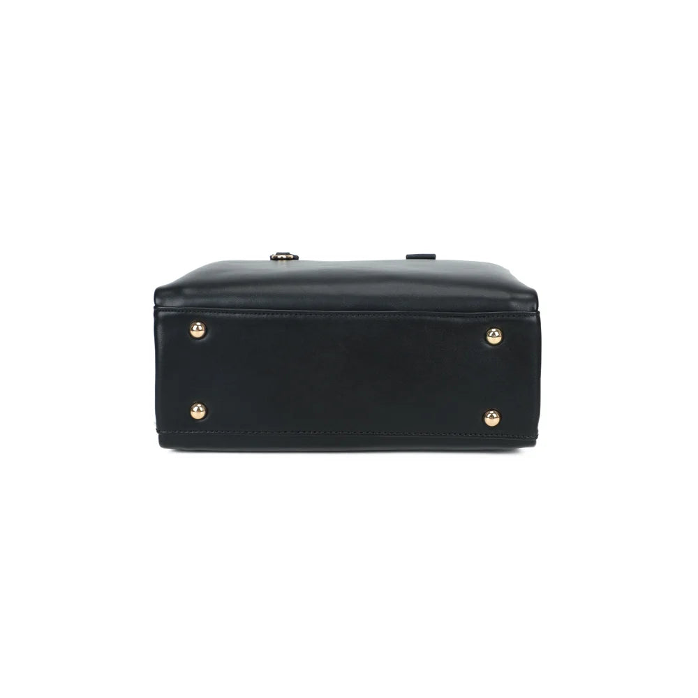 Dessous du sac Le Lorian noir, vu à plat pour apprécier sa forme bowling de 11 cm de profondeur – réf. R-2069