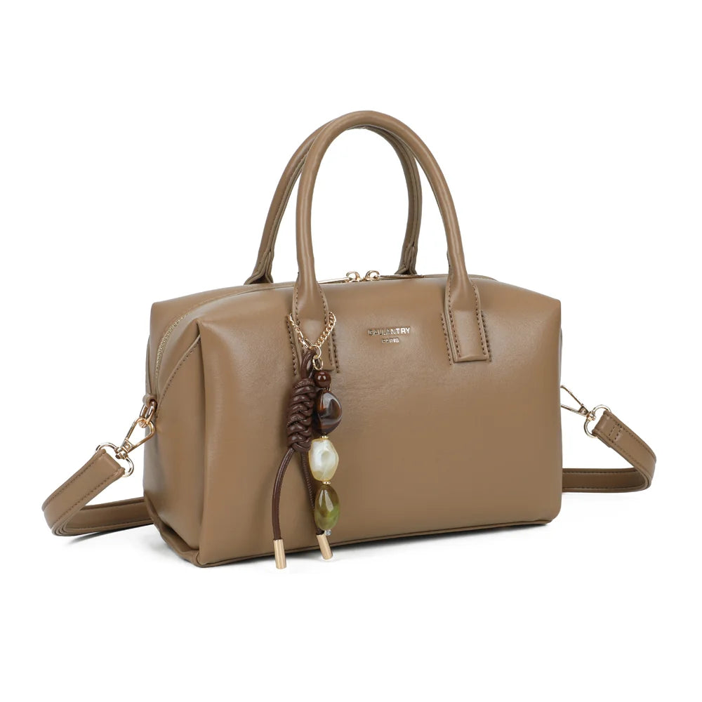Le Lorian taupe foncé de trois quarts : silhouette bowling compacte, deux poignées et zip doré – réf. R-2069