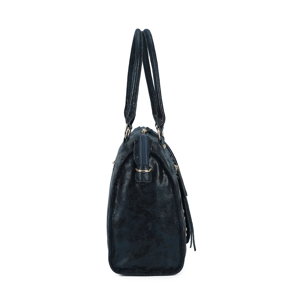 Le Luxor bleu foncé de profil : 15 cm de profondeur et anneau latéral pour la bandoulière – réf. M-1979-10