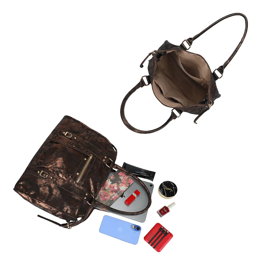 Intérieur du Luxor bronze : fermeture zippée et compartiments pour tablette, téléphone et maquillage – réf. M-1979-10