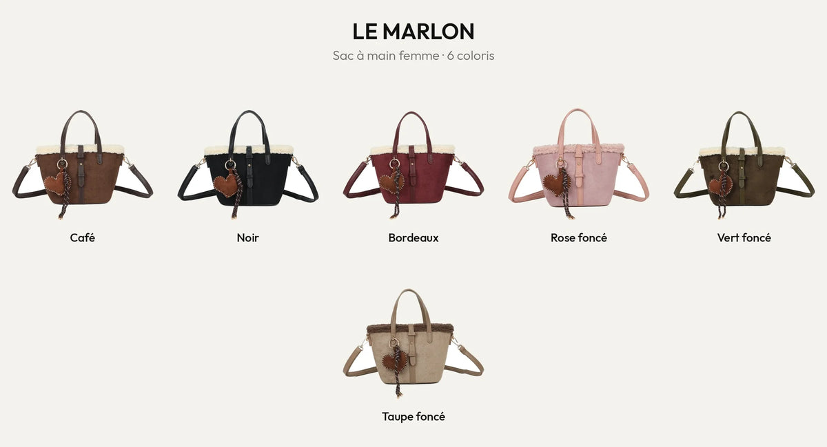 Le Marlon, petit sac à main femme effet daim, en 6 coloris : coffee, noir, bordeaux, rose foncé, vert foncé et taupe foncé – Gallantry Paris – réf. A-9173