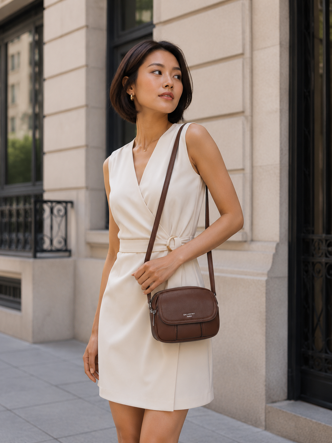 Femme portant le sac bandoulière Le Mélina coloris Coffee – visuel d’ambiance créé avec l’IA – Gallantry Paris