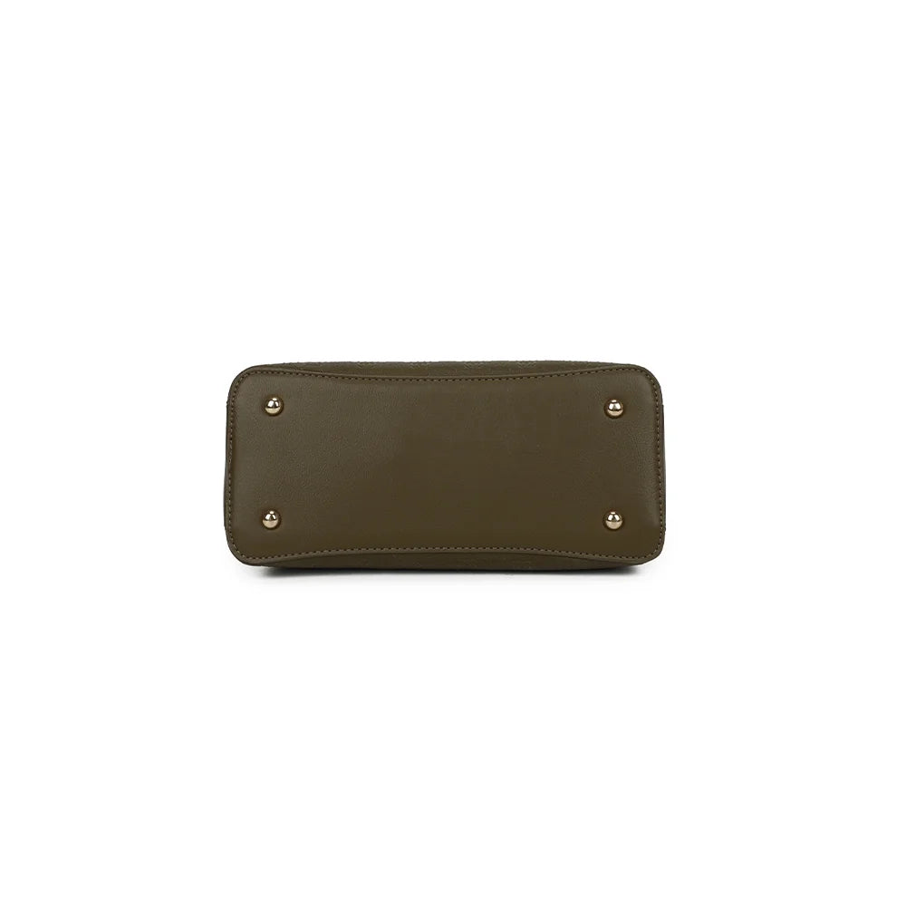 Dessous du sac Le Mélys vert foncé, vu à plat, pour apprécier la profondeur de 12 cm de ce format – réf. R-2072