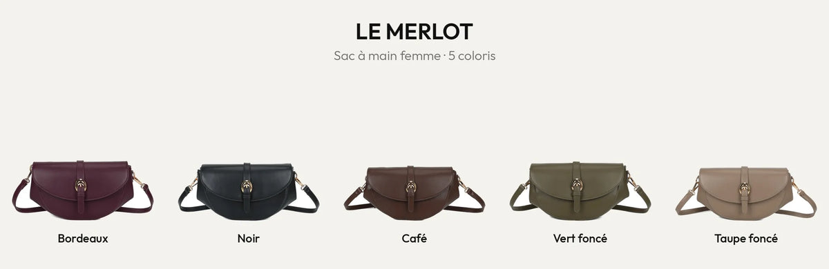 Le Merlot, sac à main femme demi-lune en 5 coloris : bordeaux, noir, coffee, vert foncé et taupe foncé – Gallantry Paris – réf. KJ-62107
