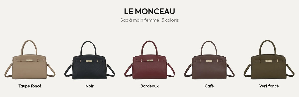Sac à main femme Le Monceau en 5 coloris : taupe foncé, noir, bordeaux, café et vert foncé – Gallantry Paris – réf. KJ-62097