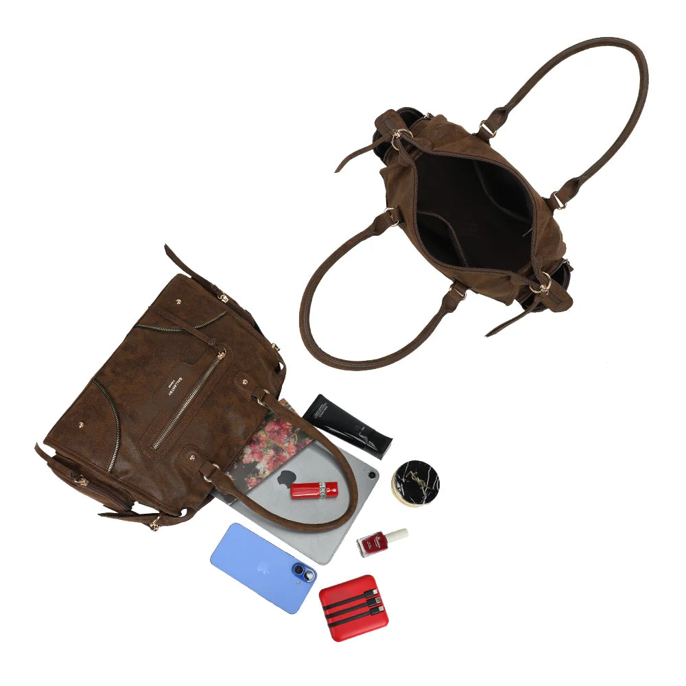 Intérieur du Le Montana en marron foncé : compartiment zippé pour tablette, smartphone et essentiels – réf. R-2074-1