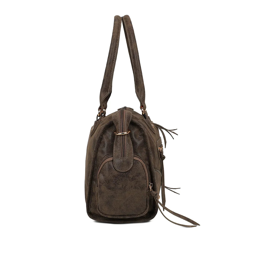Profil du Le Montana en taupe foncé : poche latérale zippée et languette décorative – réf. R-2074-1