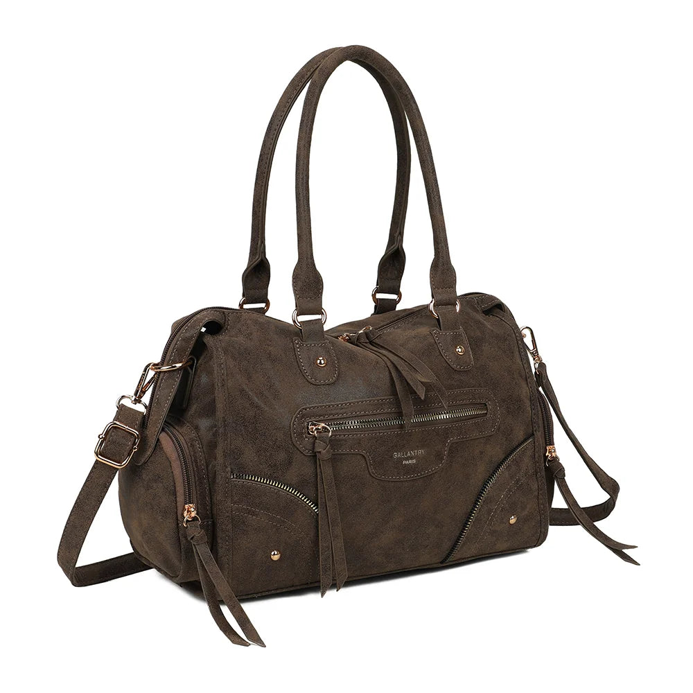 Le Montana en taupe foncé vu de trois quarts : silhouette bowling structurée et poche zippée latérale – réf. R-2074-1