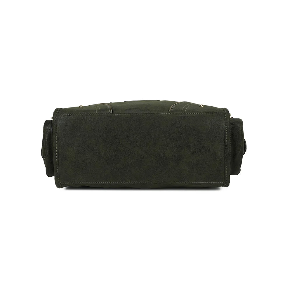Dessous du Le Montana en vert foncé, une base structurée qui garde la forme bowling du sac – réf. R-2074-1