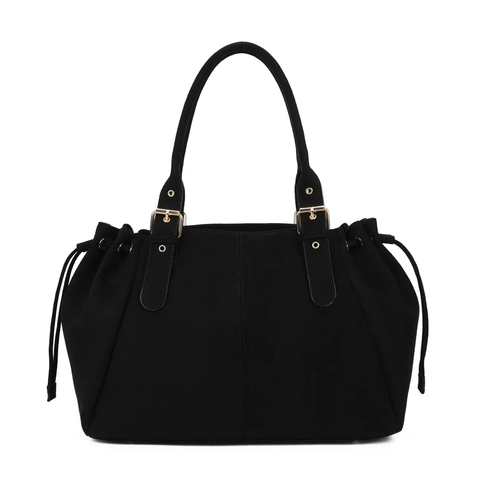 Sac porté épaule femme Le Montélia noir, aspect suédé et boucles dorées – Gallantry Paris – réf. M-62080-6