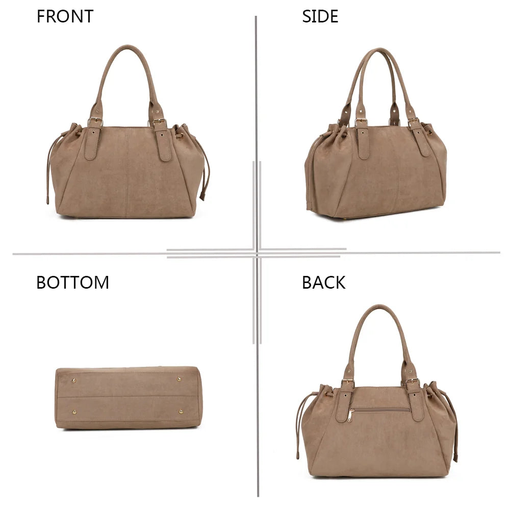 Le Montélia taupe foncé sous quatre angles : face, profil, dessous et dos, aspect suédé et détails dorés – réf. M-62080-6