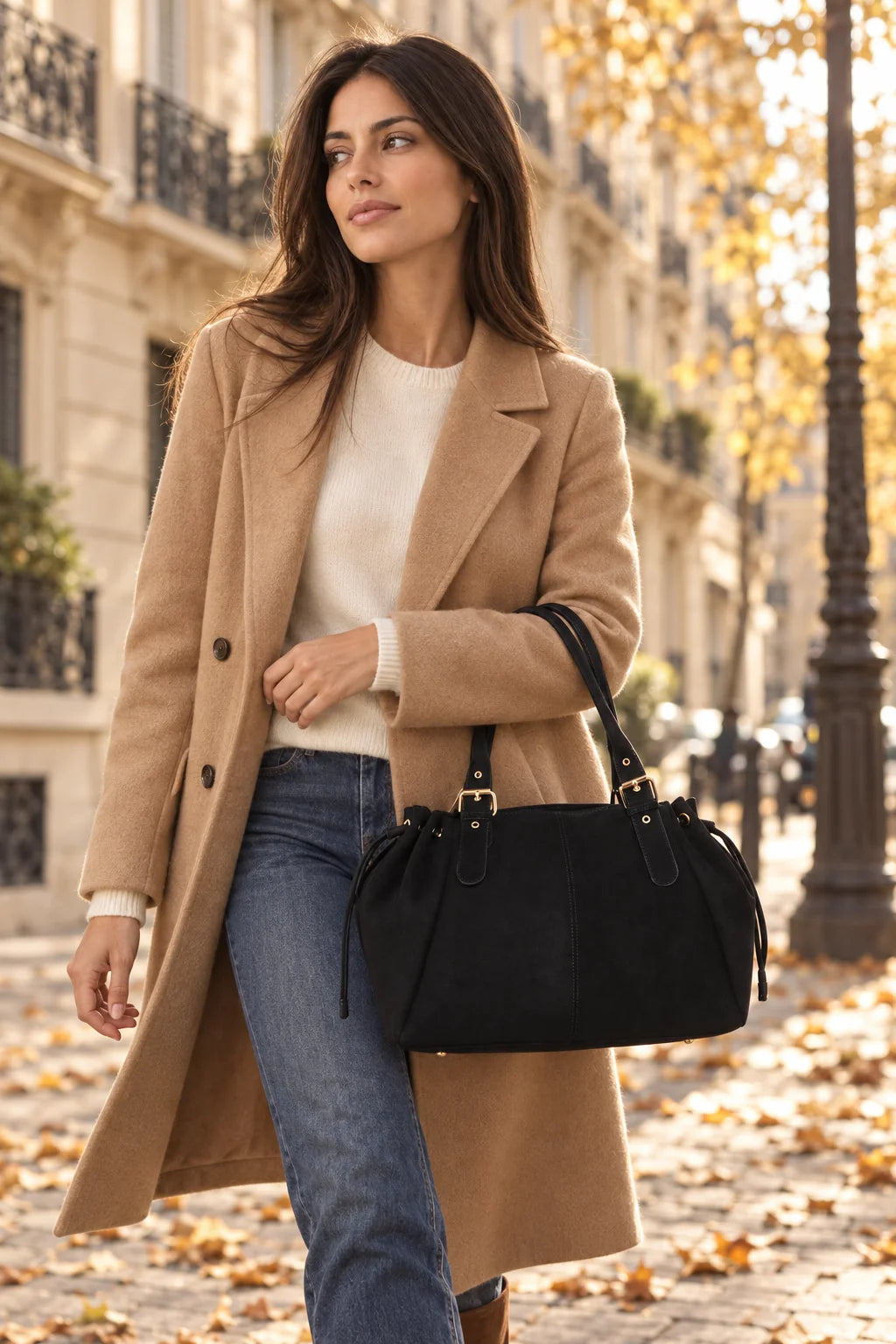 Femme portant le sac Le Montélia à l’épaule en ville – visuel d’ambiance créé avec l’IA – Gallantry Paris