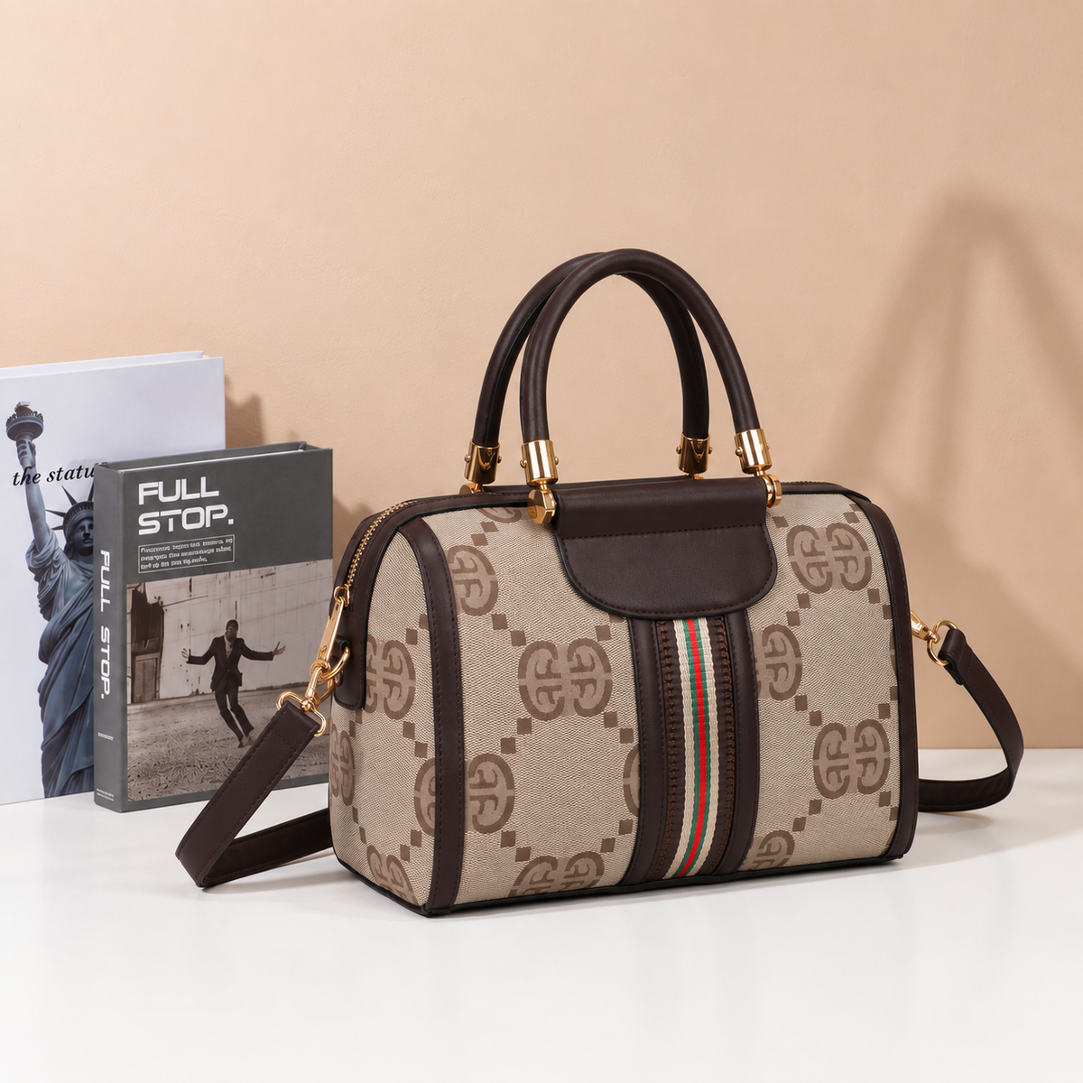 Sac à main Le Montieri Brown/Coffee à motif monogramme dans une mise en scène d’ambiance – visuel d’ambiance créé avec l’IA – Gallantry Paris