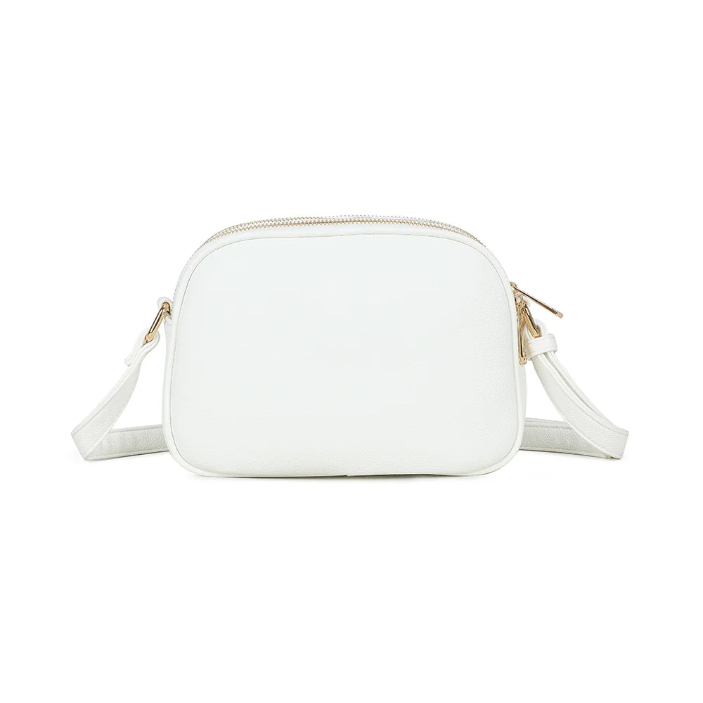 Dos du Naëlia blanc : simili cuir grainé uni et bandoulière réglable à boucle dorée – réf. A-9137-1