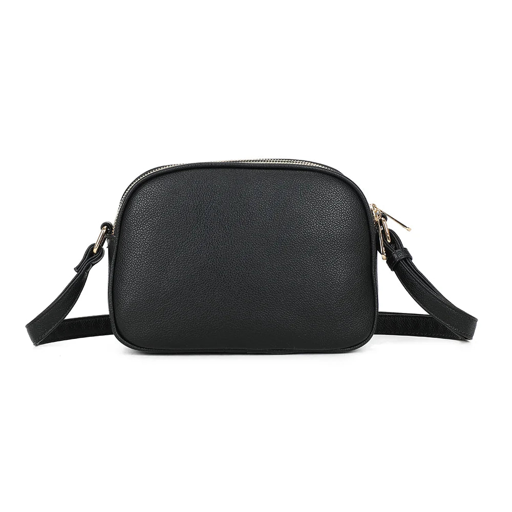 Dos du Naëlia noir : simili cuir grainé uni et bandoulière réglable à boucle dorée – réf. A-9137-1