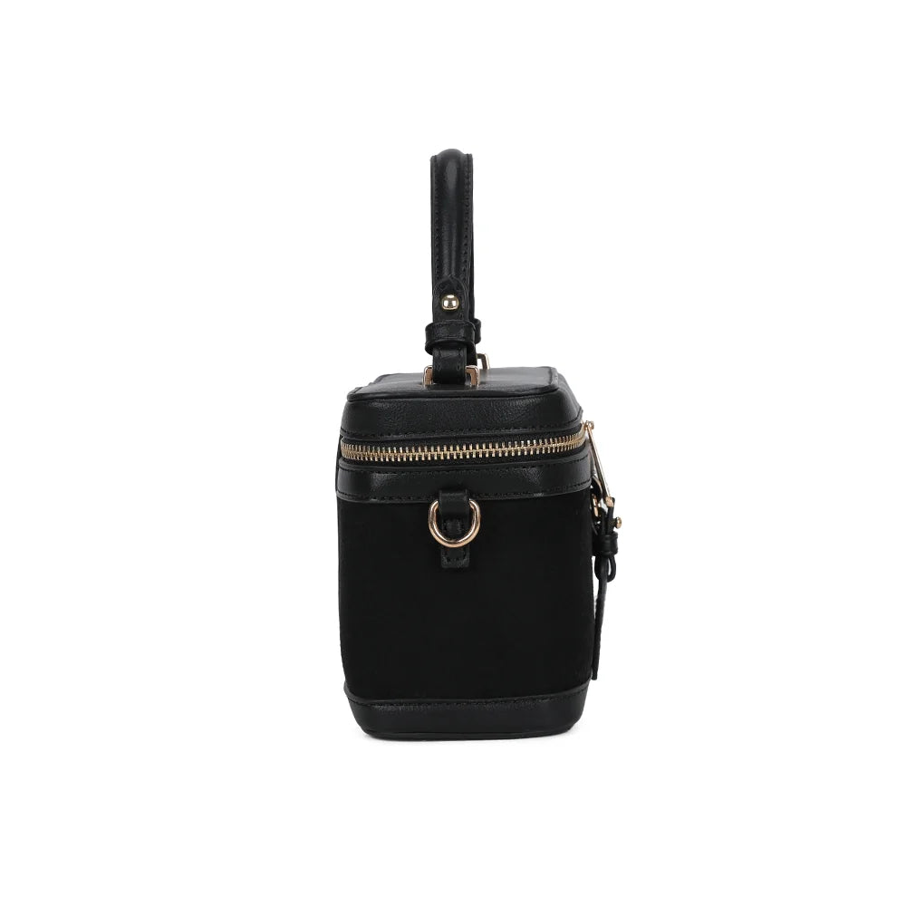 Le Nohé noir de profil : anneau doré pour la bandoulière et format compact de 9 cm de profondeur – réf. A-9187