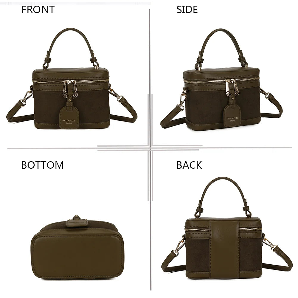 Le Nohé vert foncé sous quatre angles : face, profil, dessous et dos de ce petit sac vanity – réf. A-9187