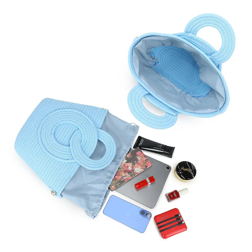 Intérieur du Le Ondina bleu : pochette assortie à coulisse, place pour tablette, téléphone et maquillage – réf. A-9167