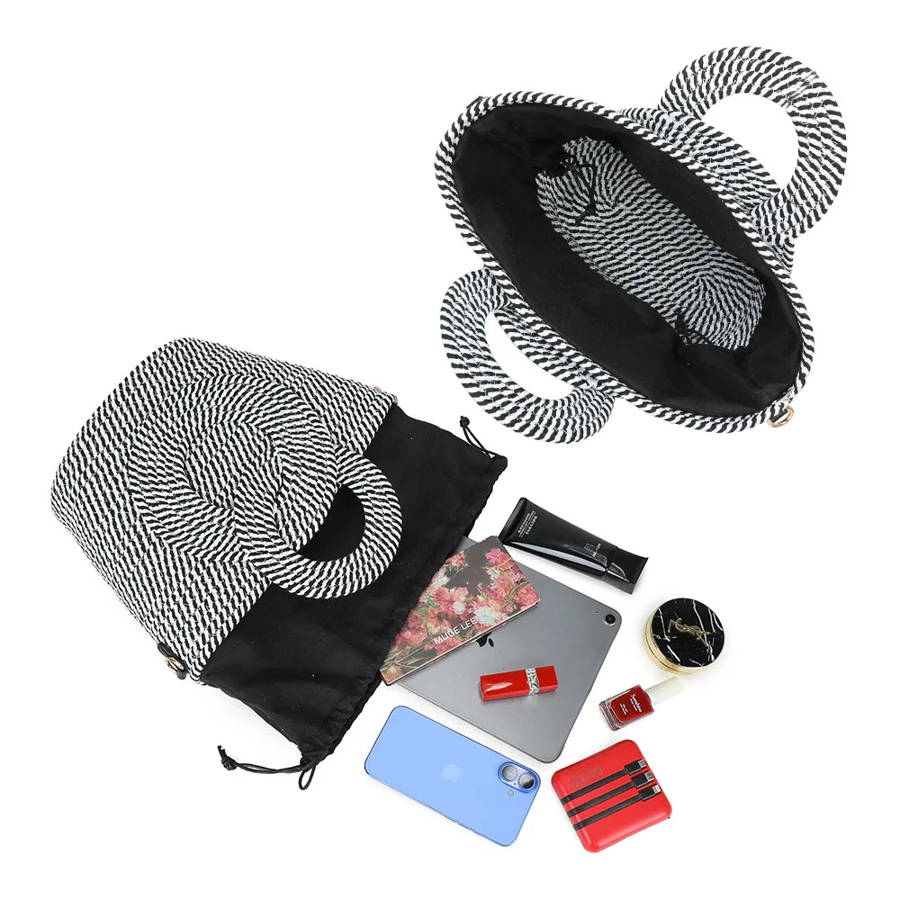 Intérieur du Le Ondina noir/blanc : pochette assortie à coulisse, place pour tablette, téléphone et maquillage – réf. A-9167