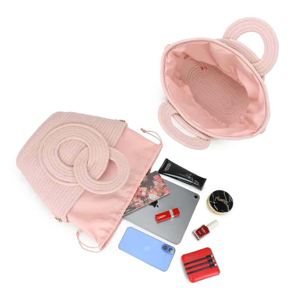 Intérieur du Le Ondina rose : pochette assortie à coulisse, place pour tablette, téléphone et maquillage – réf. A-9167