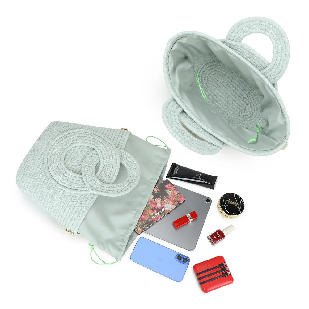 Intérieur du Le Ondina vert clair : pochette assortie à coulisse, place pour tablette, téléphone et maquillage – réf. A-9167