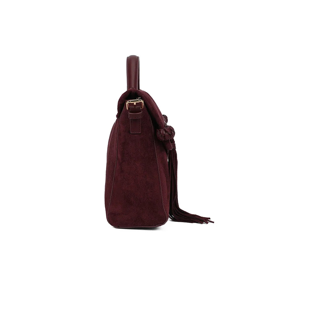 Profil du Paloma bordeaux : 10 cm de profondeur et attaches de bandoulière à mousquetons dorés – réf. M-9462