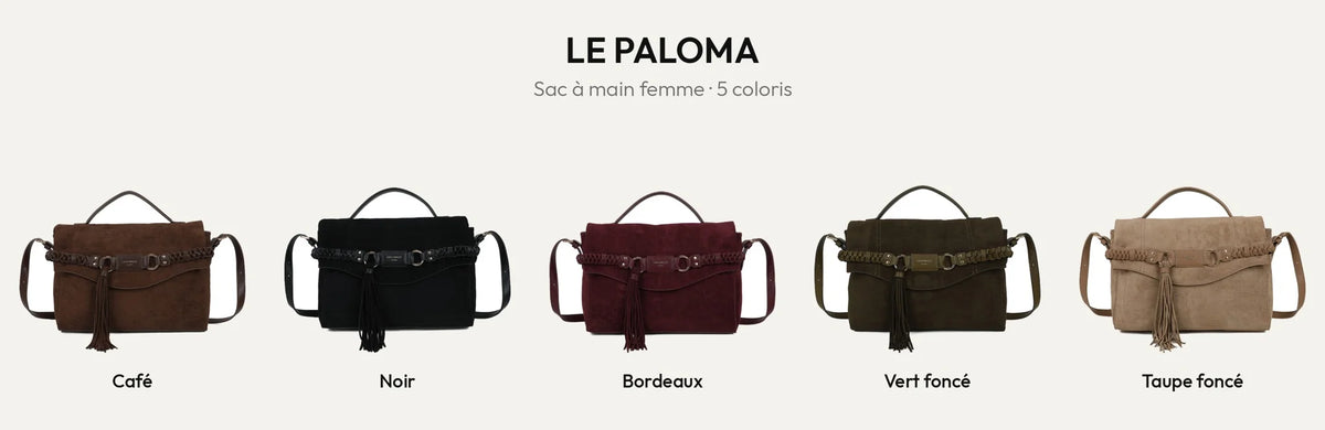 Sac à main femme Le Paloma aspect suédé en 5 coloris : Coffee, Noir, Bordeaux, Vert Foncé et D.TAUPE – Gallantry Paris – réf. M-9462