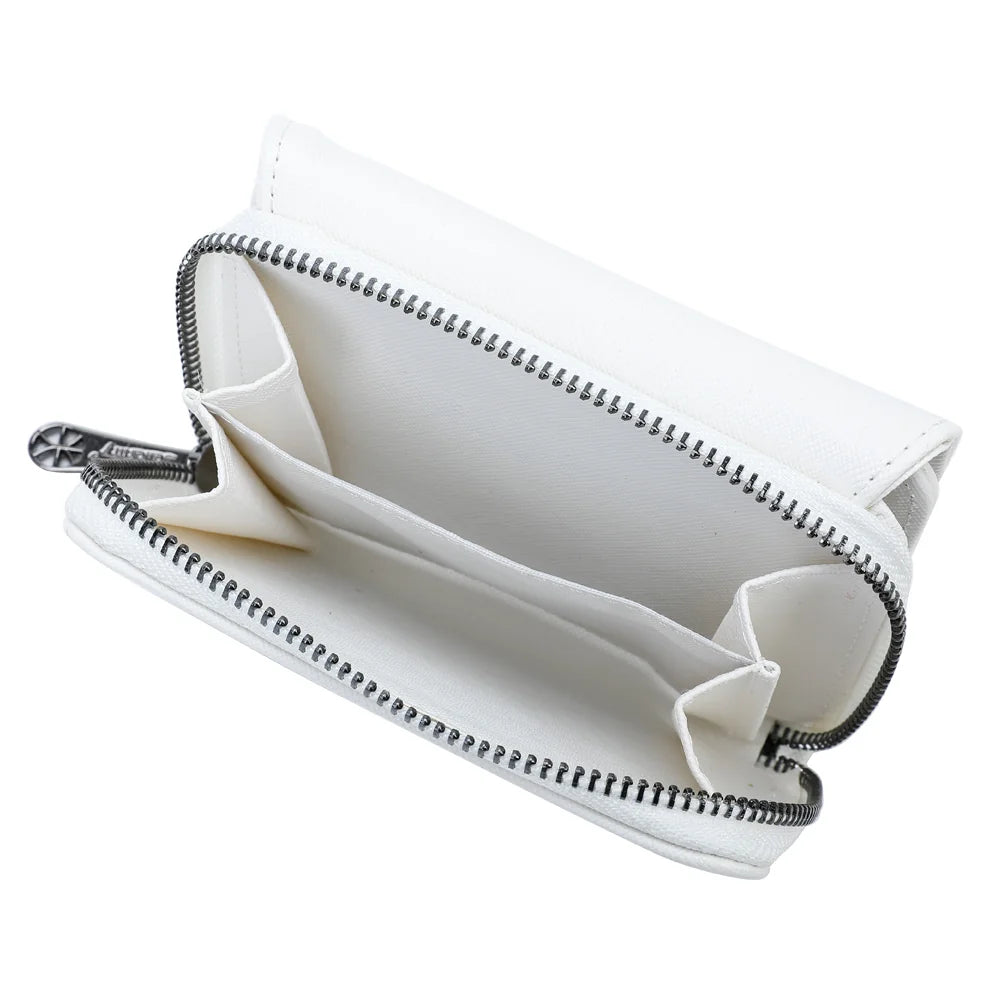 Intérieur du Petit Complice blanc ouvert : compartiments en accordéon pour cartes, billets et pièces – réf. L-29-1