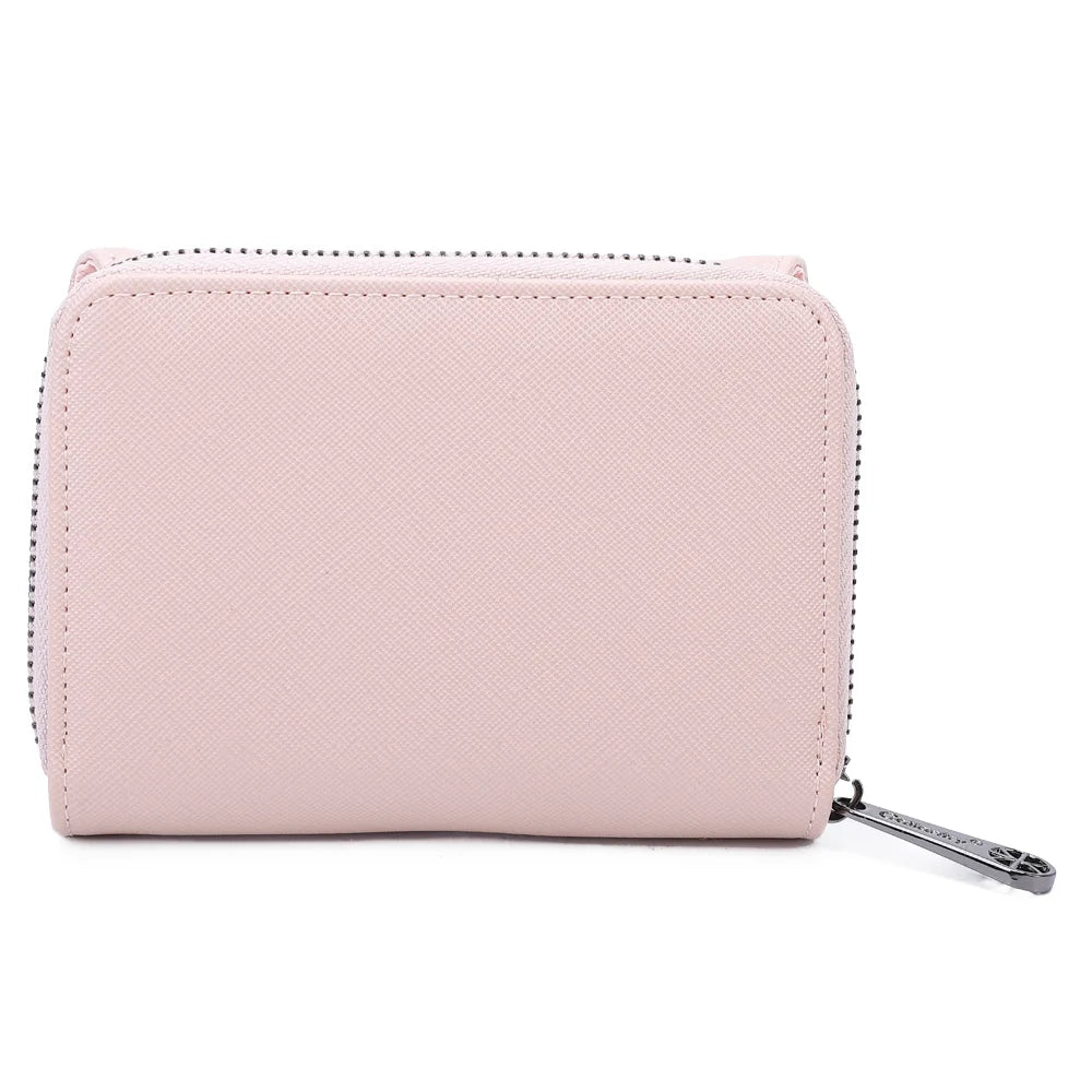 Dos du portefeuille Le petit Complice rose, surface synthétique à la texture saffiano – réf. L-29-1