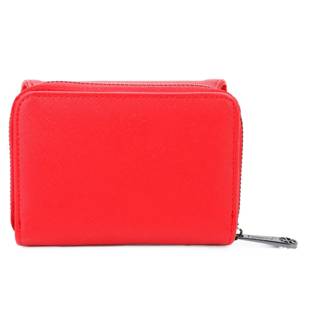 Dos du portefeuille Le petit Complice rouge, surface synthétique à la texture saffiano – réf. L-29-1