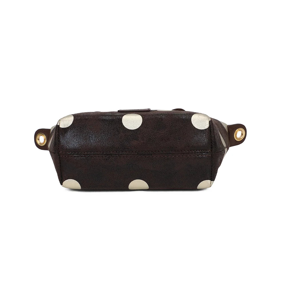 Dessous du sac à main Le Polka café, forme trapèze et imprimé à pois jusqu’à la base – réf. Z-05-10