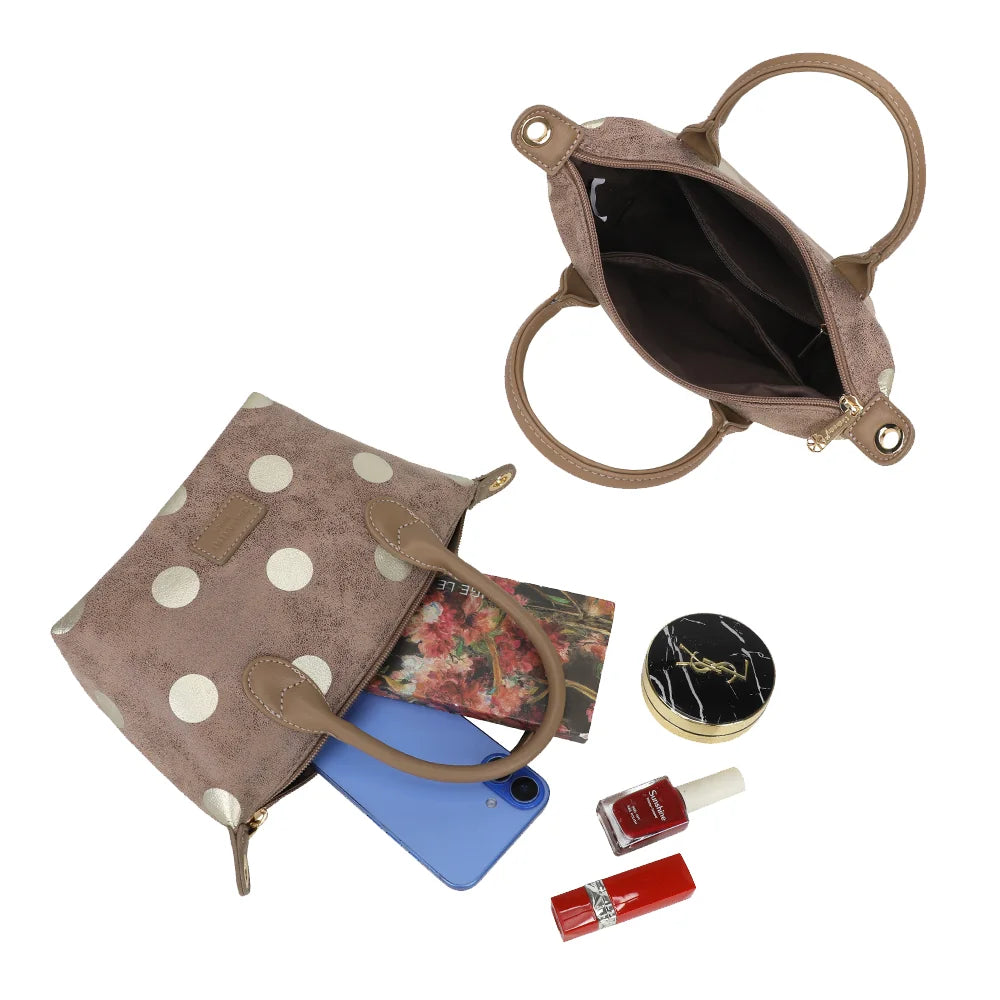 Intérieur du Le Polka taupe foncé : compartiment zippé et poche intérieure pour les petits essentiels – réf. Z-05-10