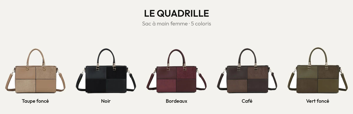 Sac à main Le Quadrille en 5 coloris : D.TAUPE, Noir, Bordeaux, Coffee et Vert Foncé – Gallantry Paris – réf. A-9172