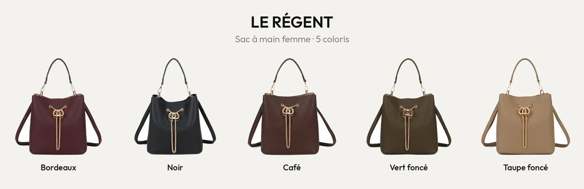 Sac à main seau Le Régent en simili cuir grainé, coloris noir, coffee, vert foncé, taupe foncé et bordeaux – Gallantry Paris – réf. G-7505-1