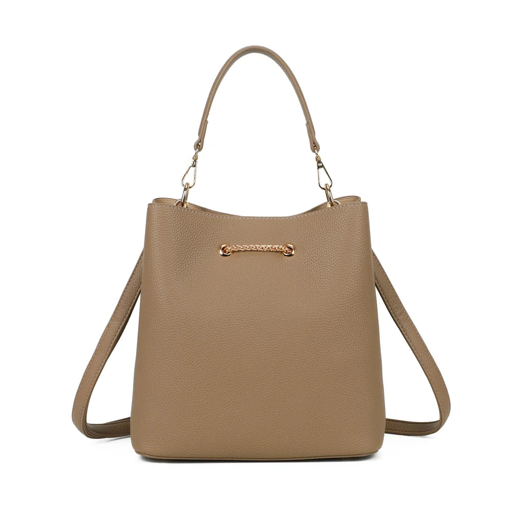 Dos du sac Le Régent taupe foncé, simili cuir grainé uni et attaches dorées de la poignée amovible – réf. G-7505-1