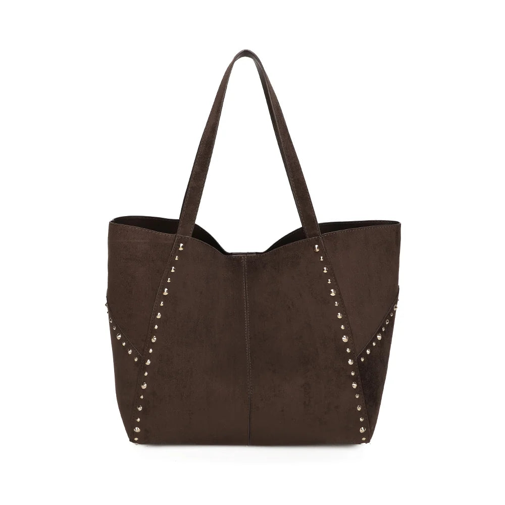 Sac cabas femme Le Rivana coffee à l’aspect suédé, façade soulignée de clous dorés – Gallantry Paris – réf. M-9457-AIR