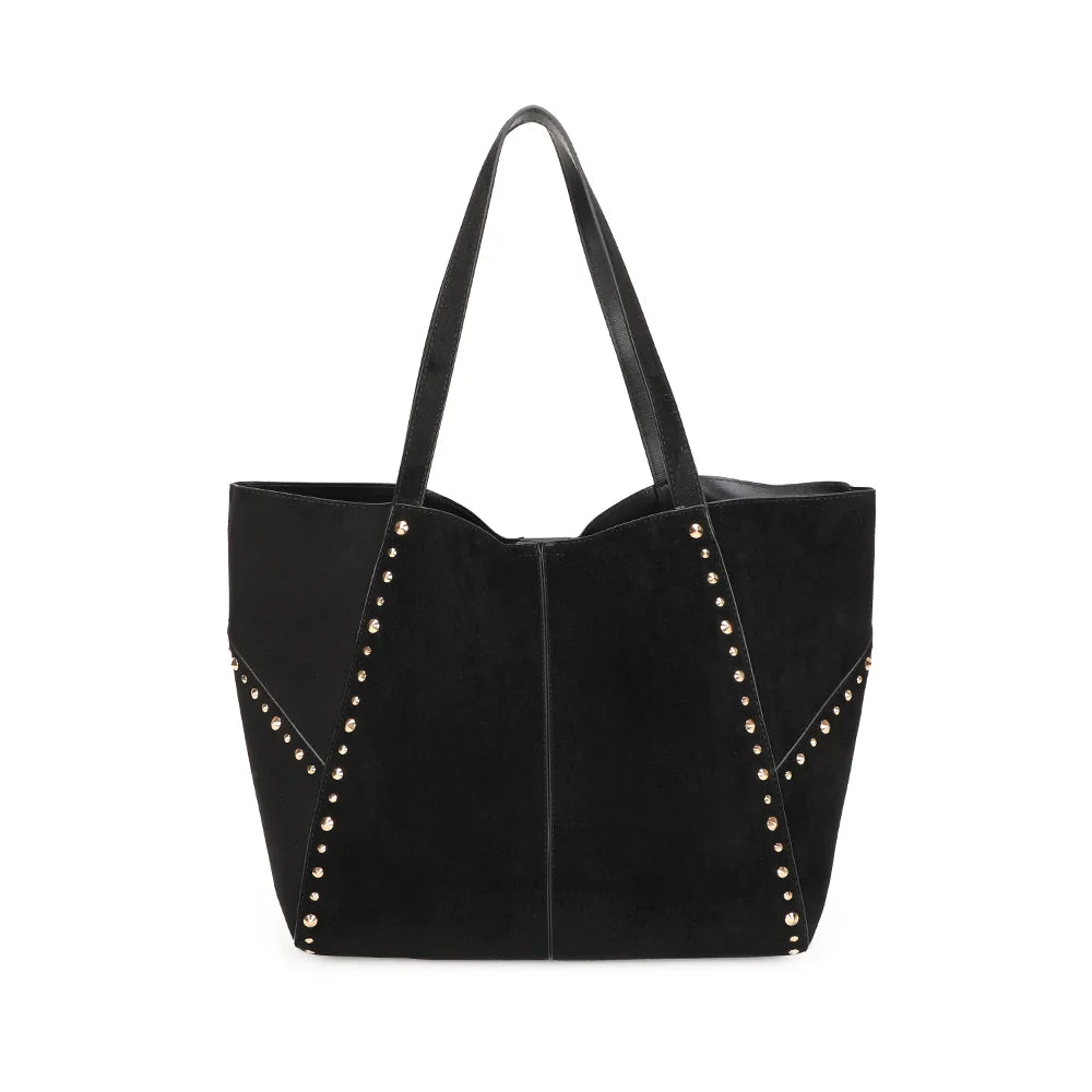 Sac cabas femme Le Rivana noir à l’aspect suédé, façade soulignée de clous dorés – Gallantry Paris – réf. M-9457-AIR