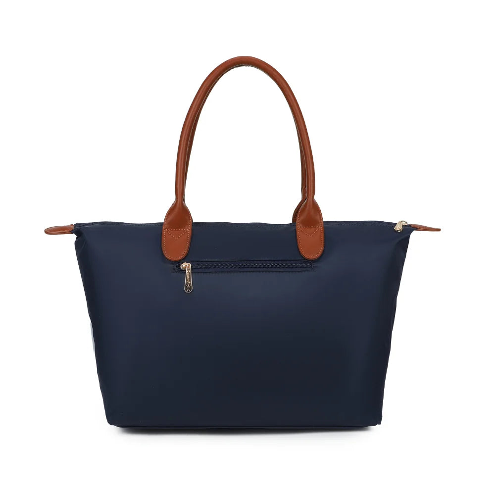 Dos du Roseau bleu foncé, tissu synthétique lisse et anses effet cuir marron surpiquées – réf. Z-02-1