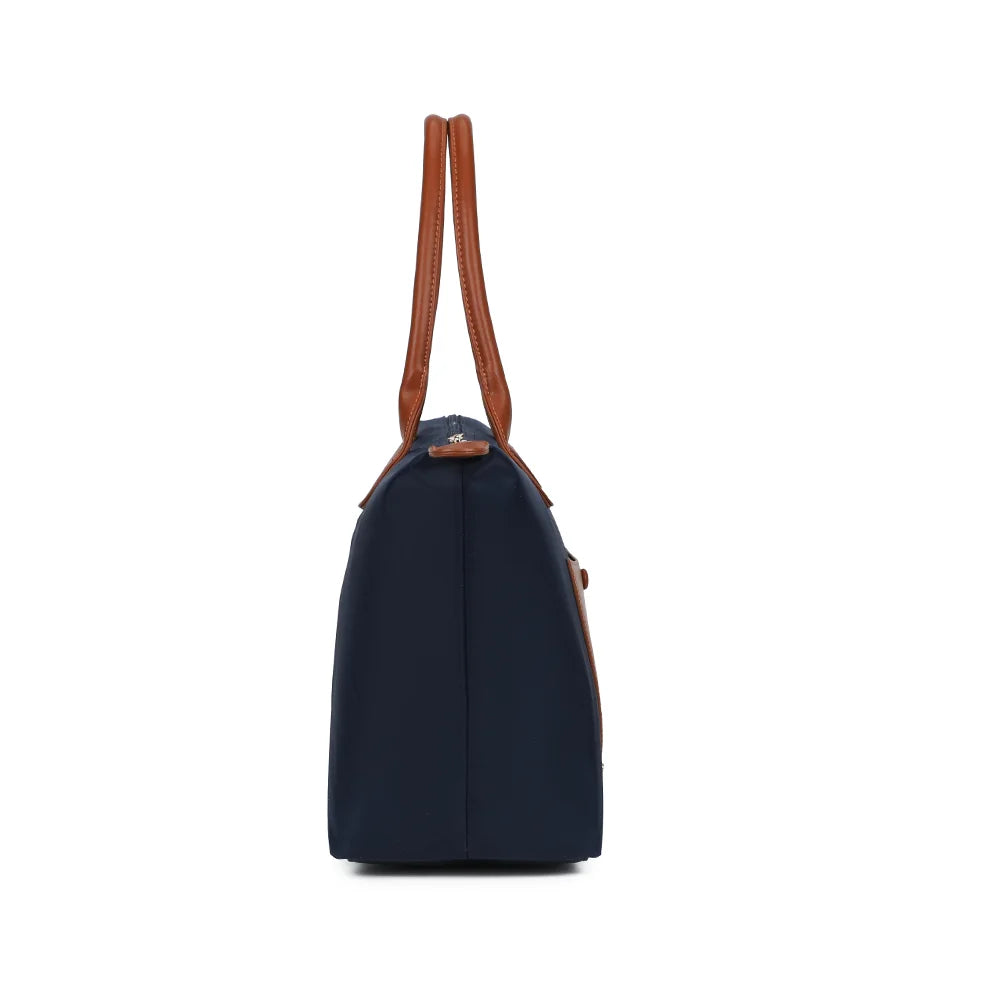 Profil du Roseau bleu foncé : soufflet de 18 cm de profondeur et zip bordé de pattes marron – réf. Z-02-1