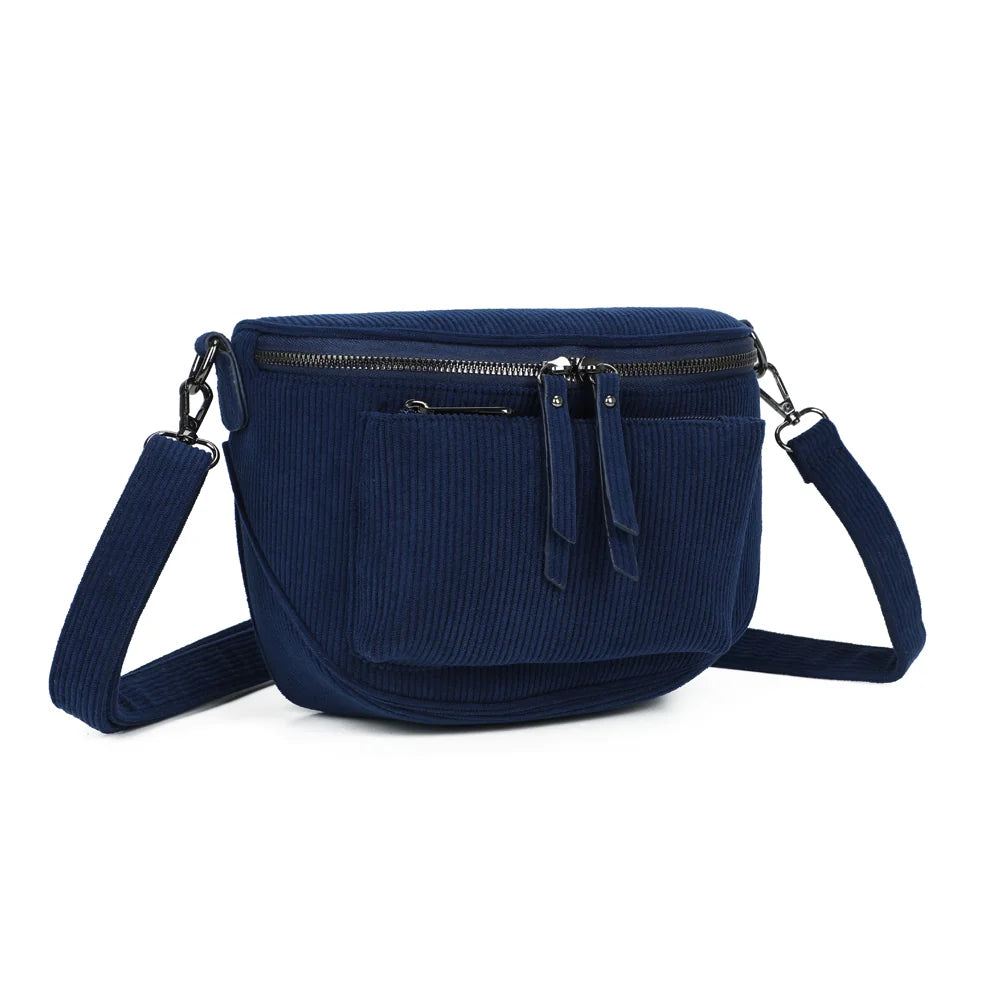 Le Sacha bleu foncé vu de trois quarts : forme demi-lune compacte et zip principal à double curseur – réf. Z-83047-7