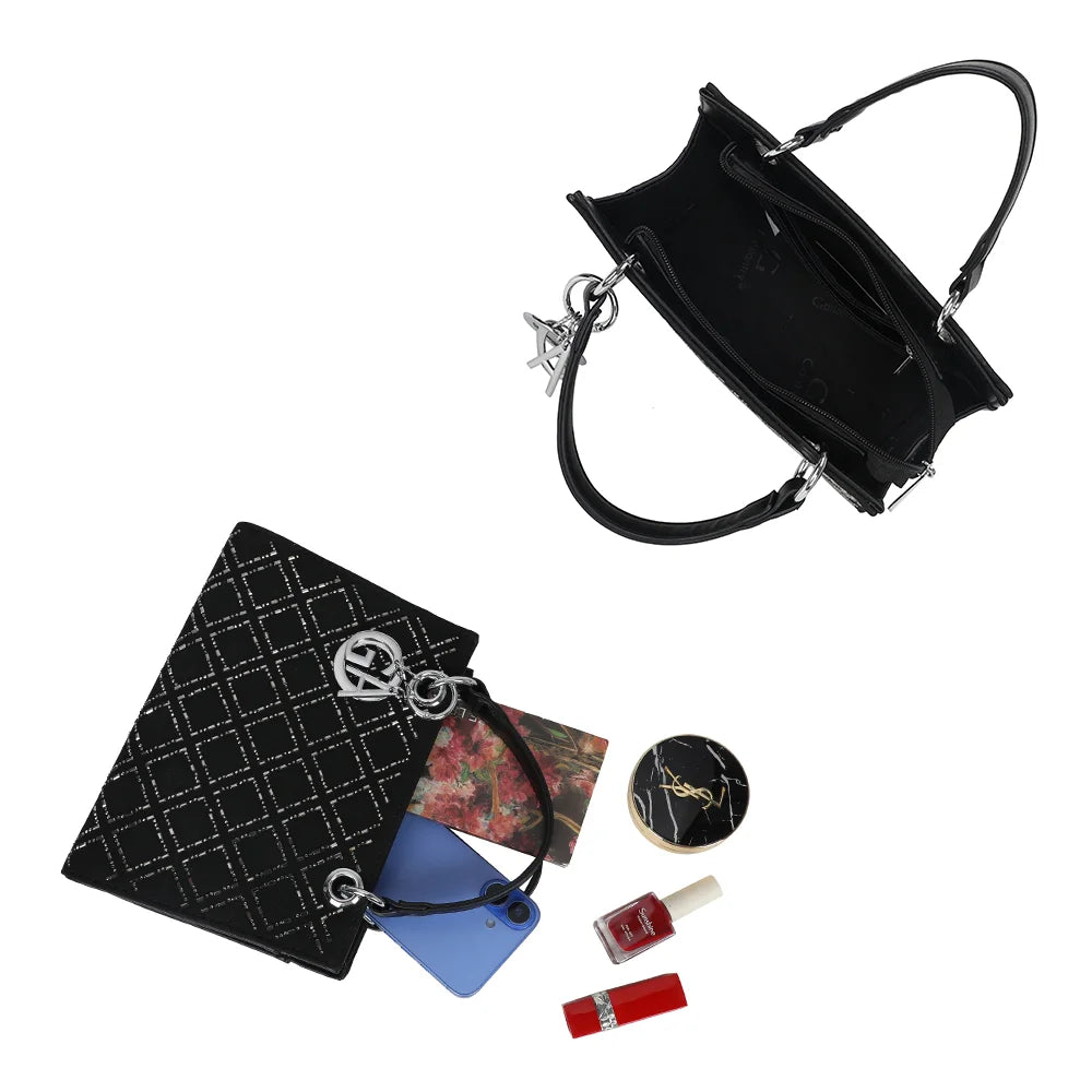 Intérieur du Sélène noir : compartiment principal zippé pour téléphone et essentiels du jour – réf. C-0169-9
