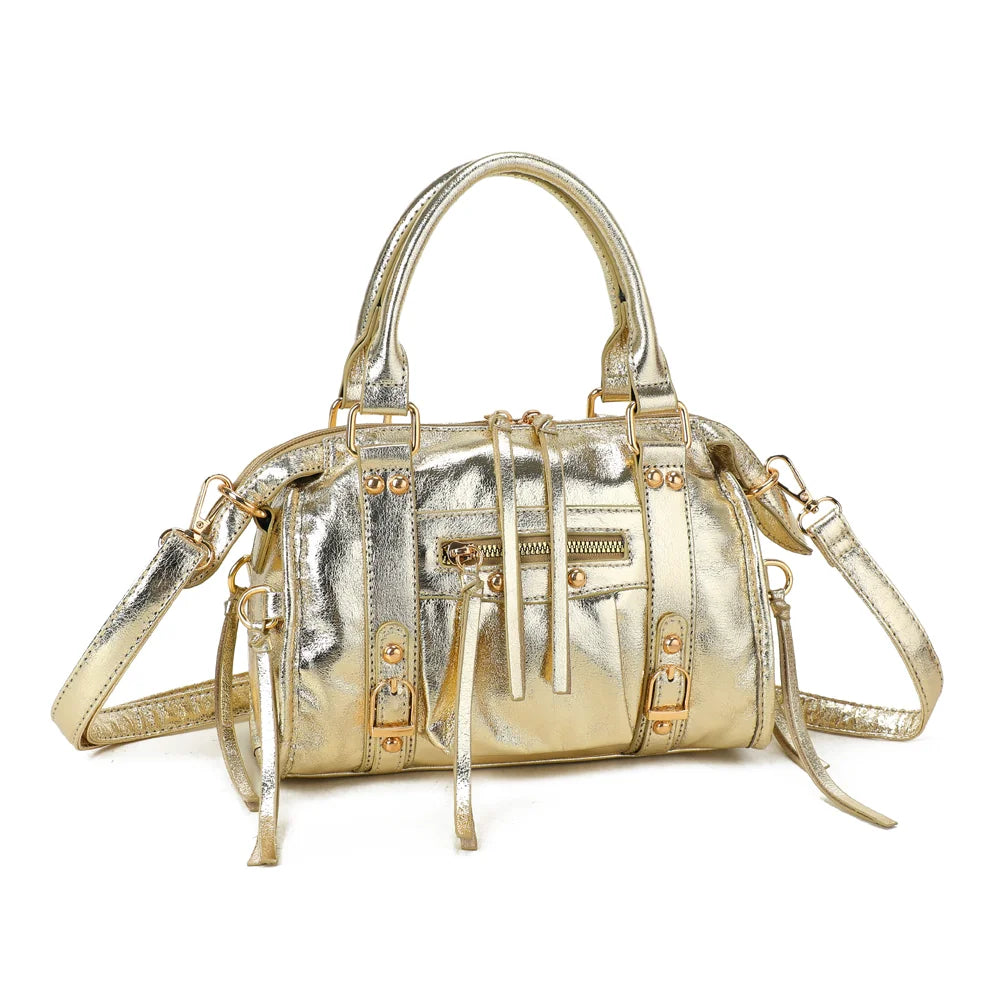 Le Skyla Brillant or de trois quarts : silhouette arrondie et compacte, boucles et poche zippée – réf. Z-1979-A