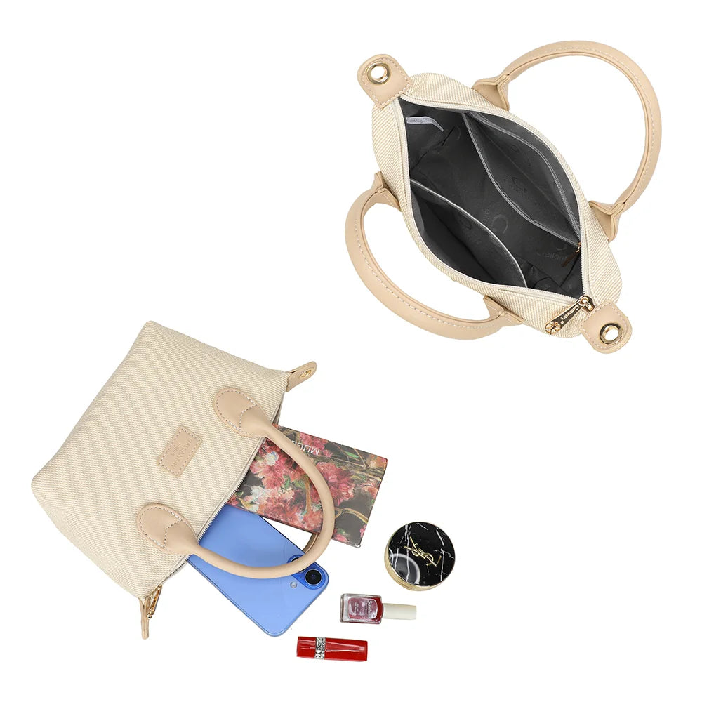 Intérieur du Soléa beige/taupe : fermeture zippée, doublure synthétique et poches plaquées – réf. Z-05-5
