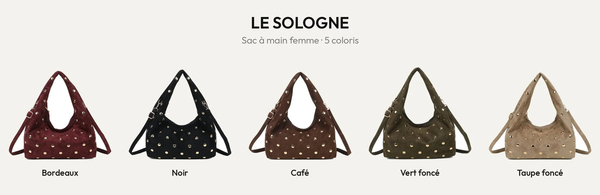 Le Sologne, sac à main femme clouté à l’aspect velouté, en 5 coloris – Gallantry Paris – réf. R-2067