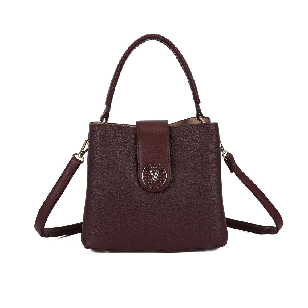 Sac à main femme Le Solvane bordeaux en simili cuir grainé, anse tressée et médaillon doré – Gallantry Paris