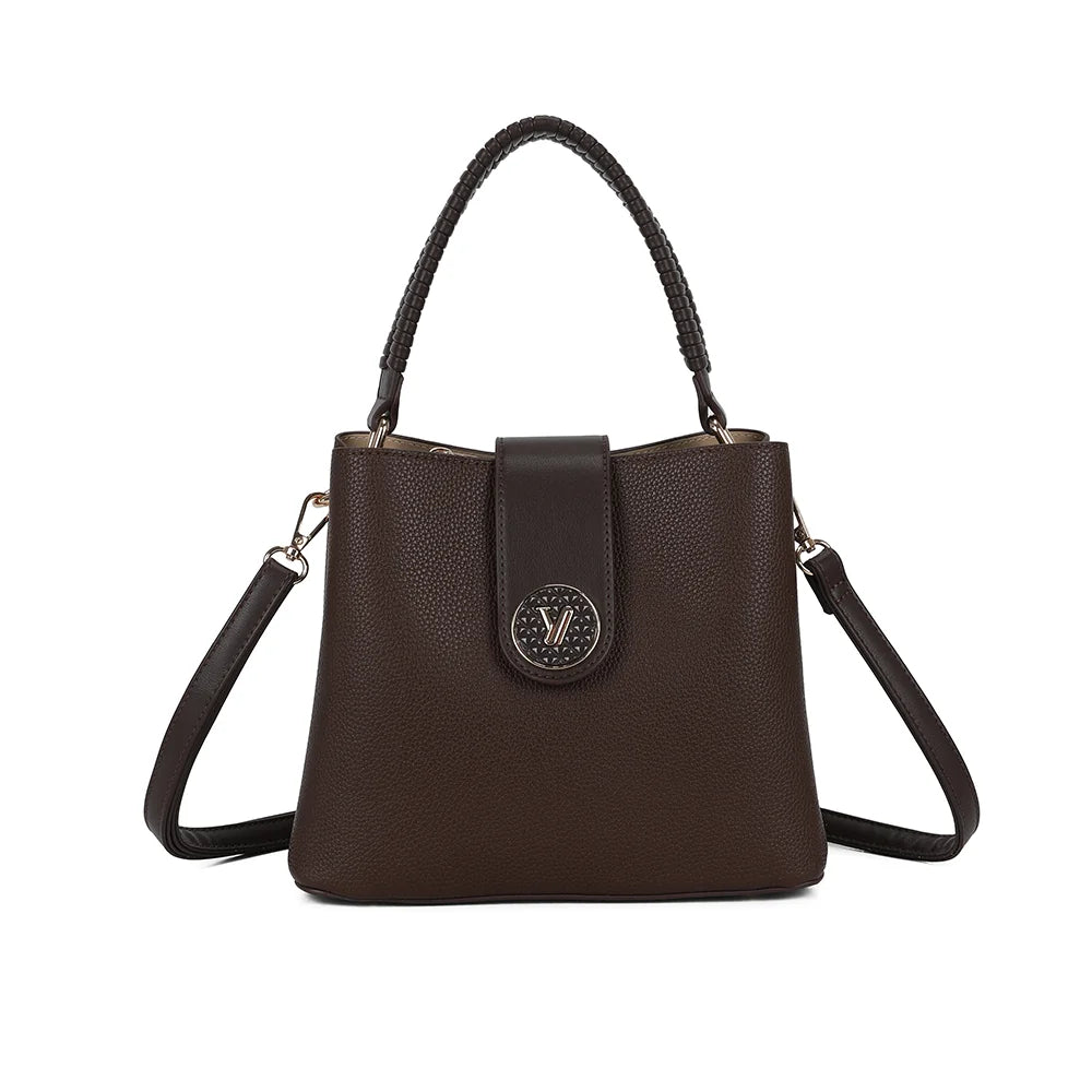 Sac à main femme Le Solvane coffee en simili cuir grainé, anse tressée et médaillon doré – Gallantry Paris