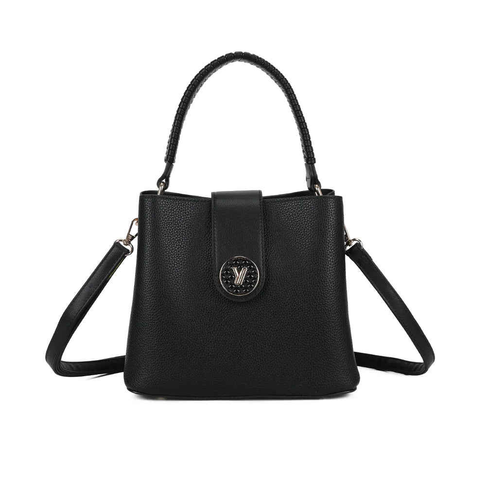 Sac à main femme Le Solvane noir en simili cuir grainé, anse tressée et médaillon doré – Gallantry Paris