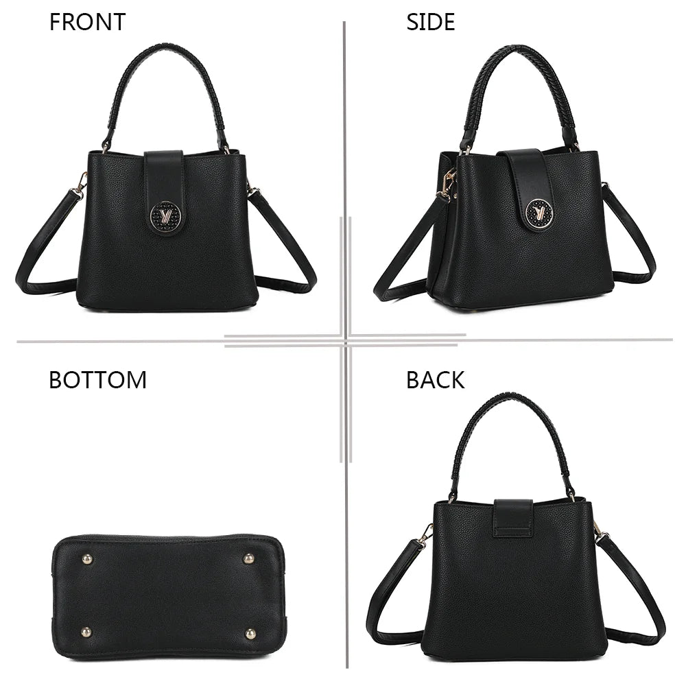 Le Solvane noir sous quatre angles : face, côté, dessous et dos de ce sac à main à anse tressée